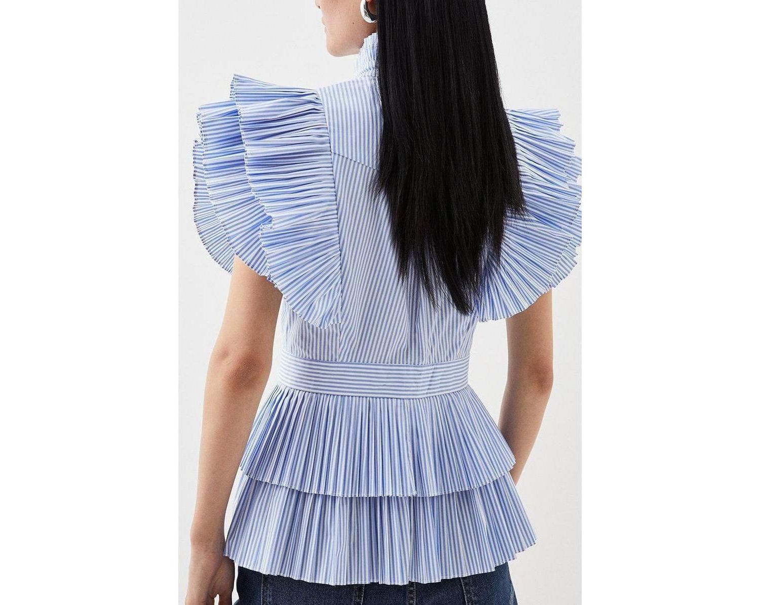 Women's Sleeveless Striped Pleated Ruffle Blouse