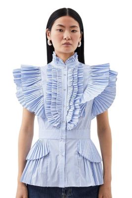 Women's Sleeveless Striped Pleated Ruffle Blouse