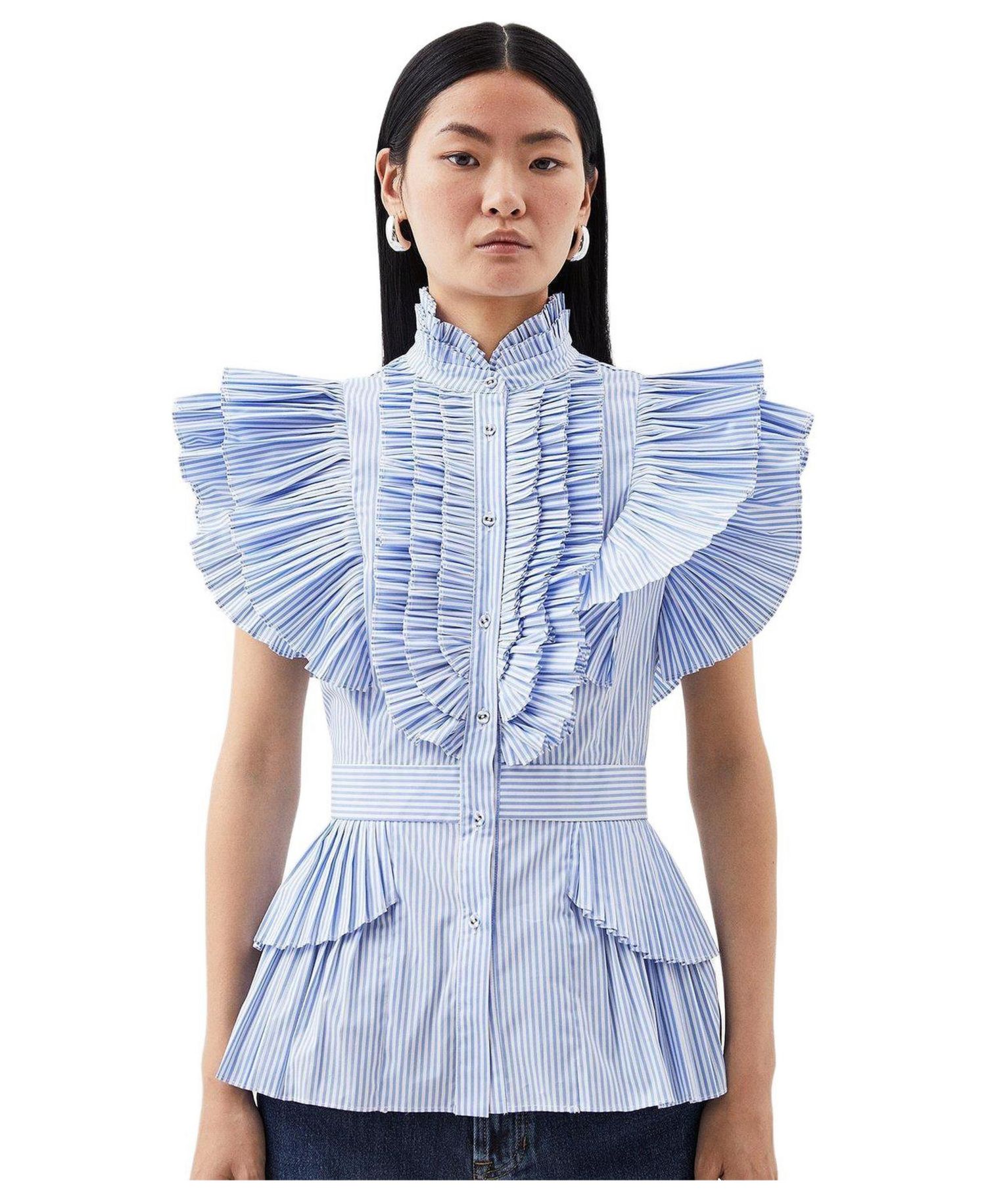 Women's Sleeveless Striped Pleated Ruffle Blouse