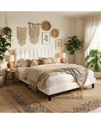Queen Velvet Upholstered Platform Bed Frame with Vertical Channel Tufted Headboard, Adjustable Height, Noise Free
