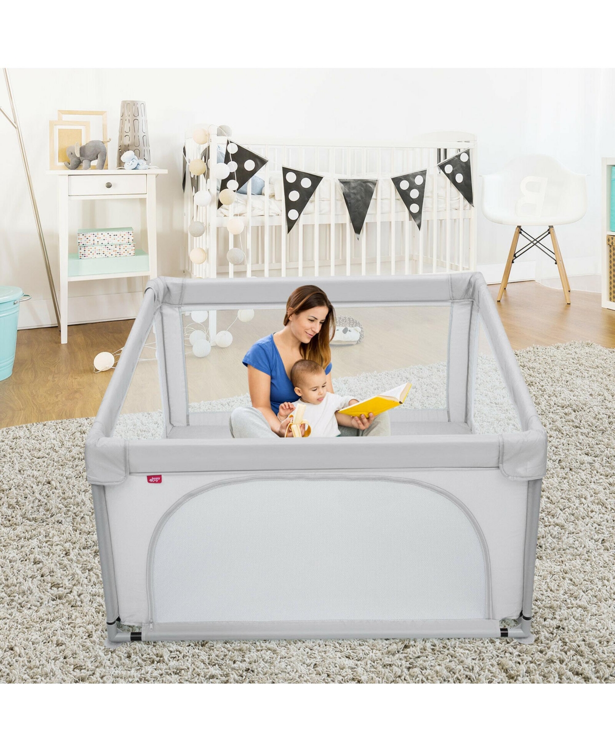 Gymax Toddler Playpen Large Safety Play Center Yard w/ 50 Ocean Balls Grey