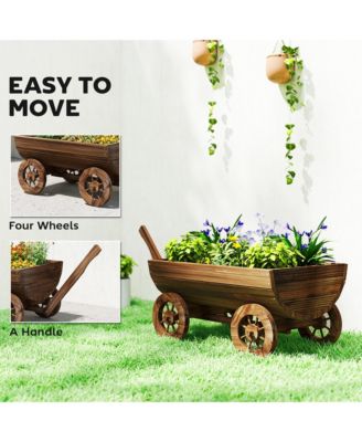 Wooden Wagon Planter Box, Mobile Garden Planter with 4 Wheels