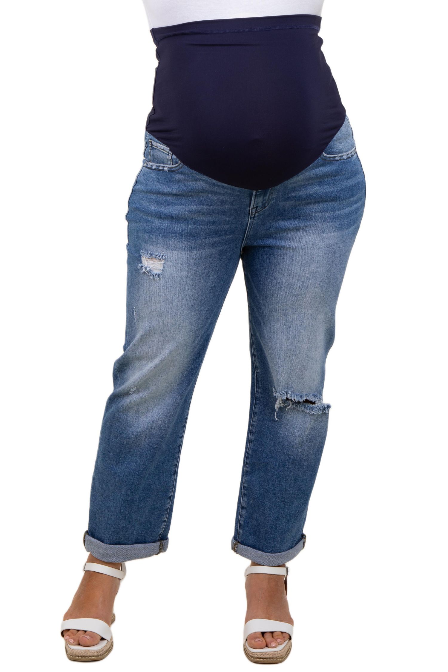 Women's Maternity Rolled Hem Distressed Straight Leg Plus Jeans