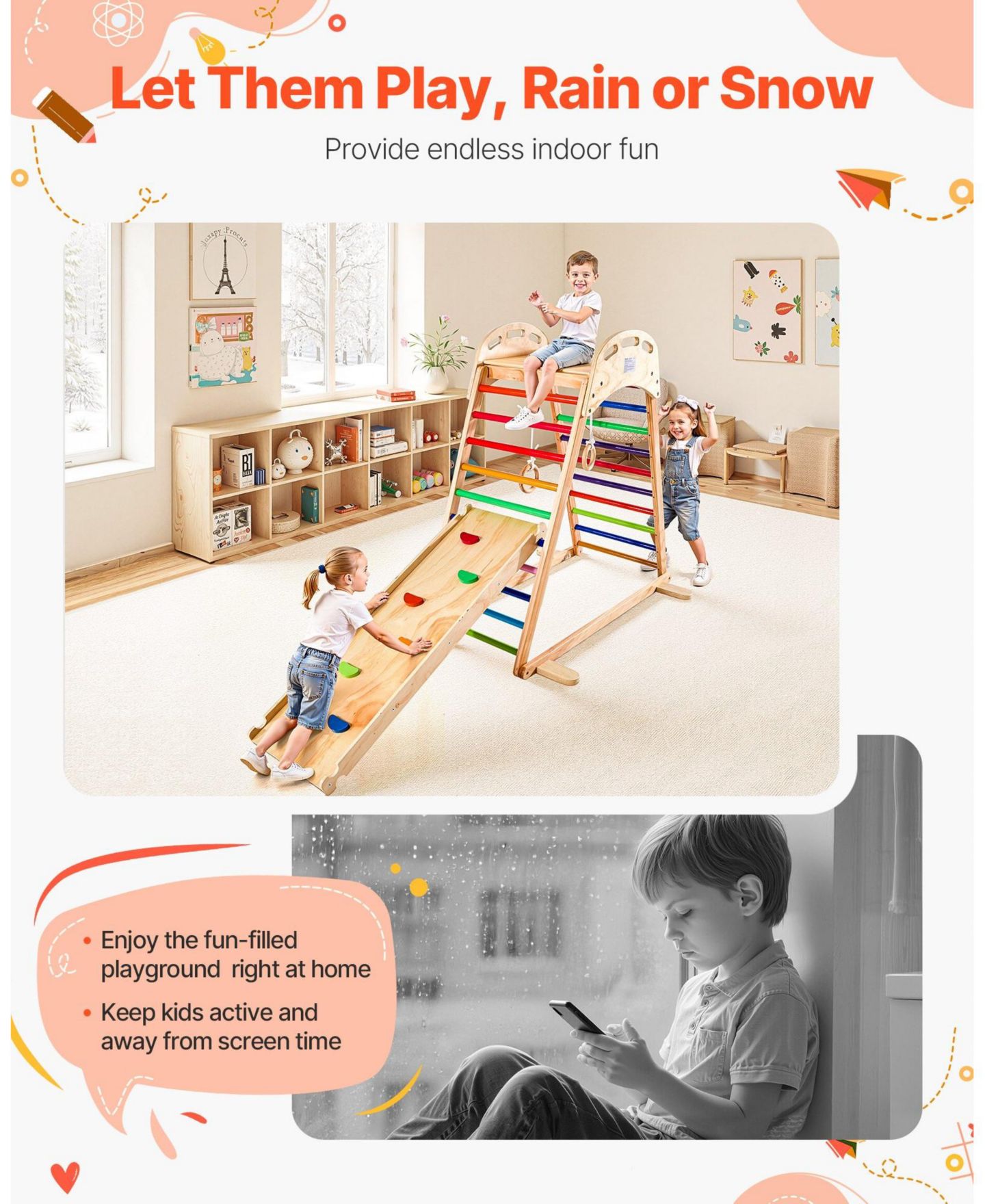 Детские фигурки Mecale Indoor Playground Jungle Gym, 4-in-1 Wooden Playset with Climbing Rock, Slide, Ladder and Gym Rings, 220 lb Capacity, цвет: Натуральный — фото 8