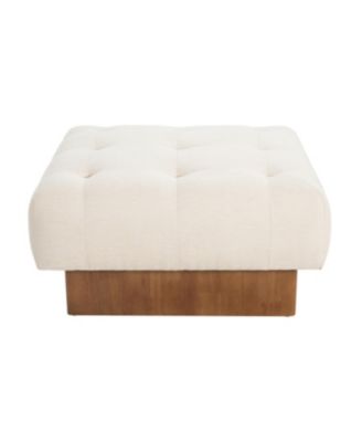 Square Upholstered Tufted Linen Fabric Ottoman, Solid Wood Legs