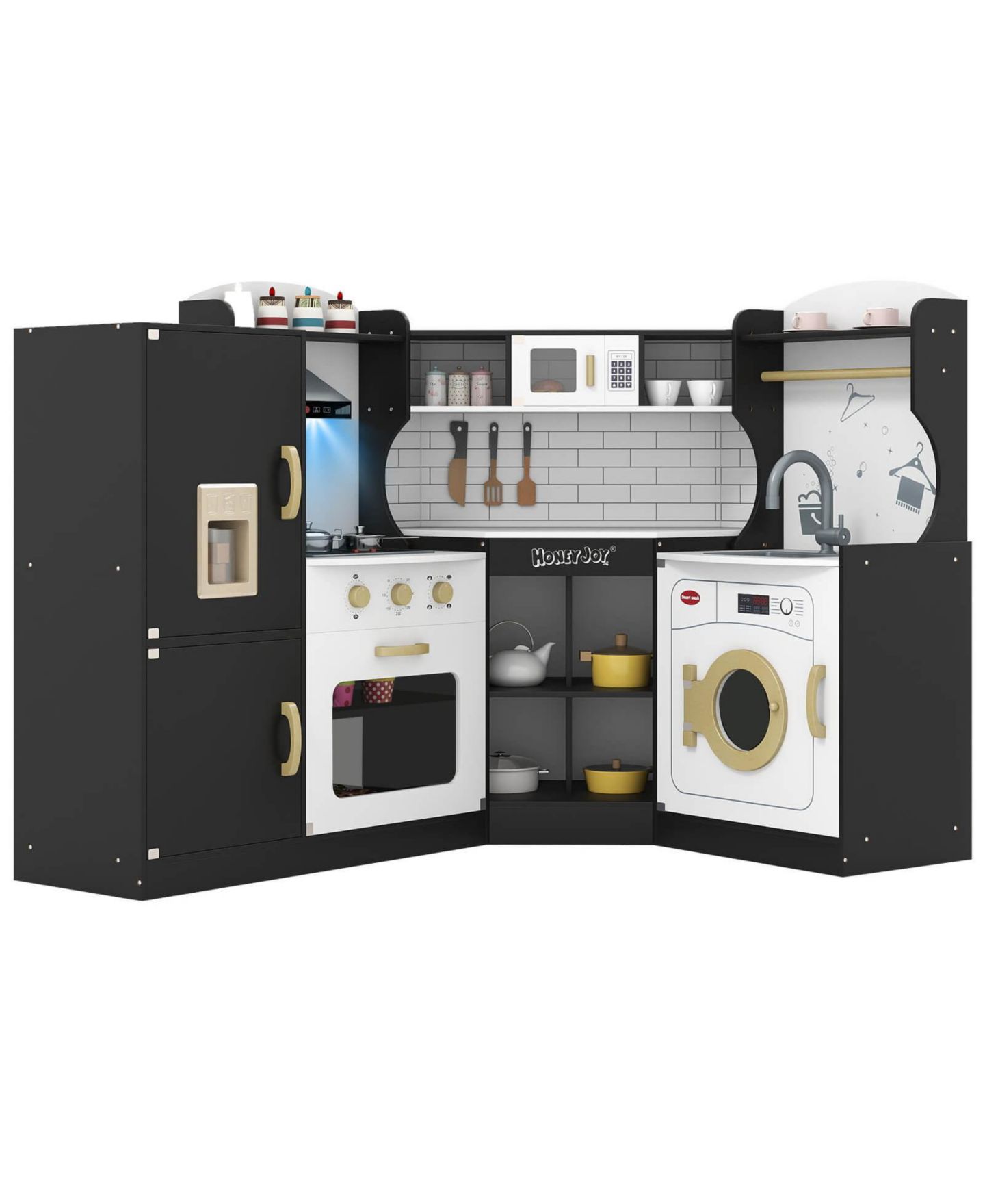 Детские игрушки Costway Corner Play Kitchen with Working Ice Maker, 13-Piece Set, Ages 3+, цвет: Чёрный — фото 9
