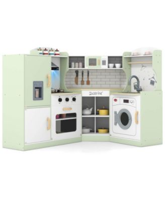 Corner Play Kitchen Toddler Kitchen Playset with Range Hood, Ice Maker, Microwave