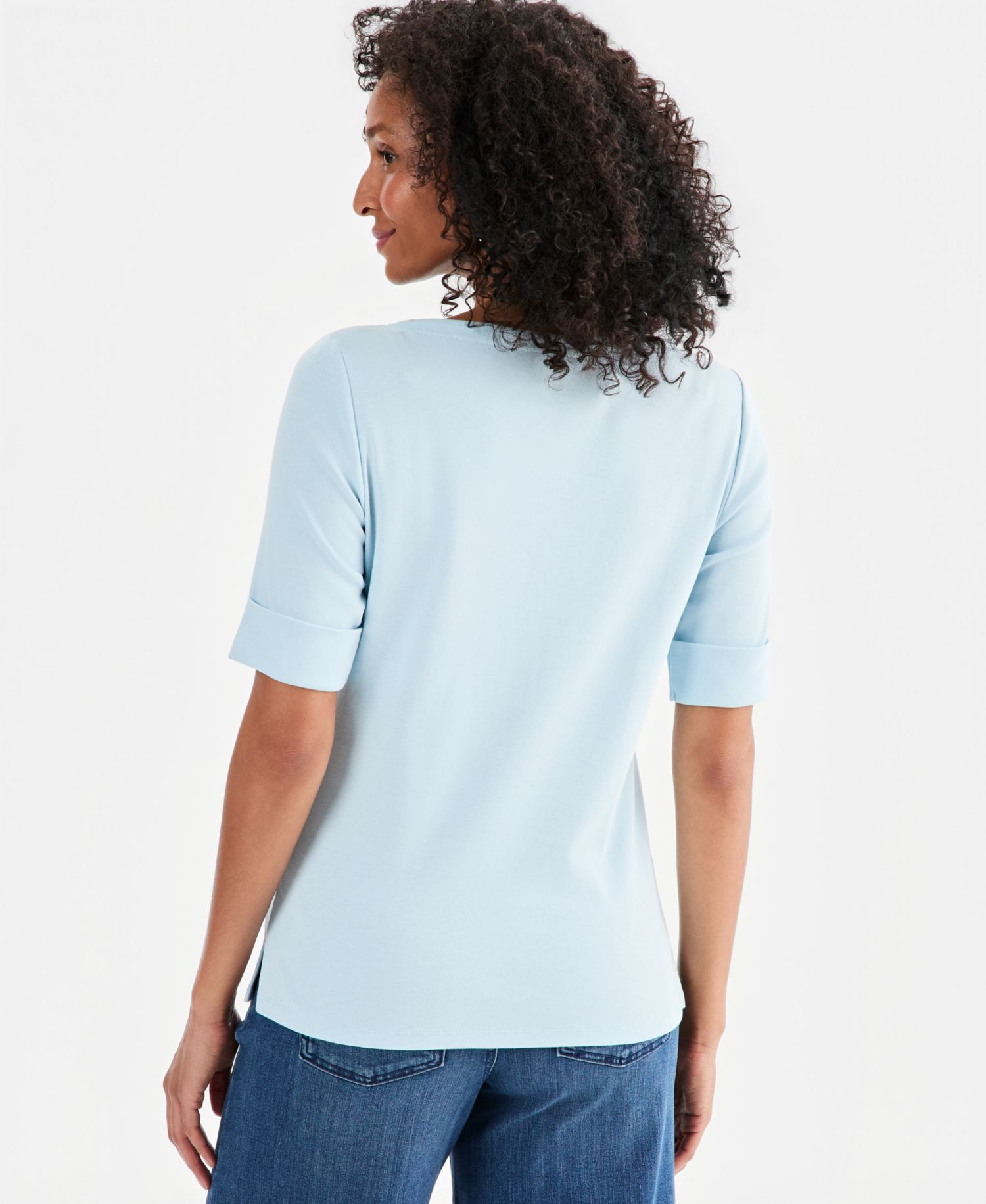 Petite Cotton Elbow-Sleeve Boat-Neck Top