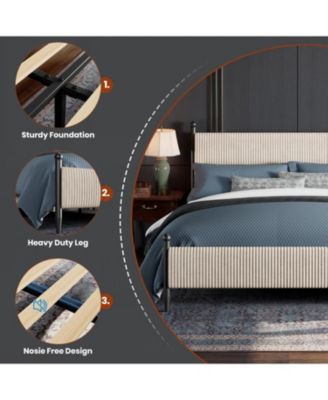 King Upholstered Bed Frame with Velvet Headboard, Corduroy Platform, Wood Slats.