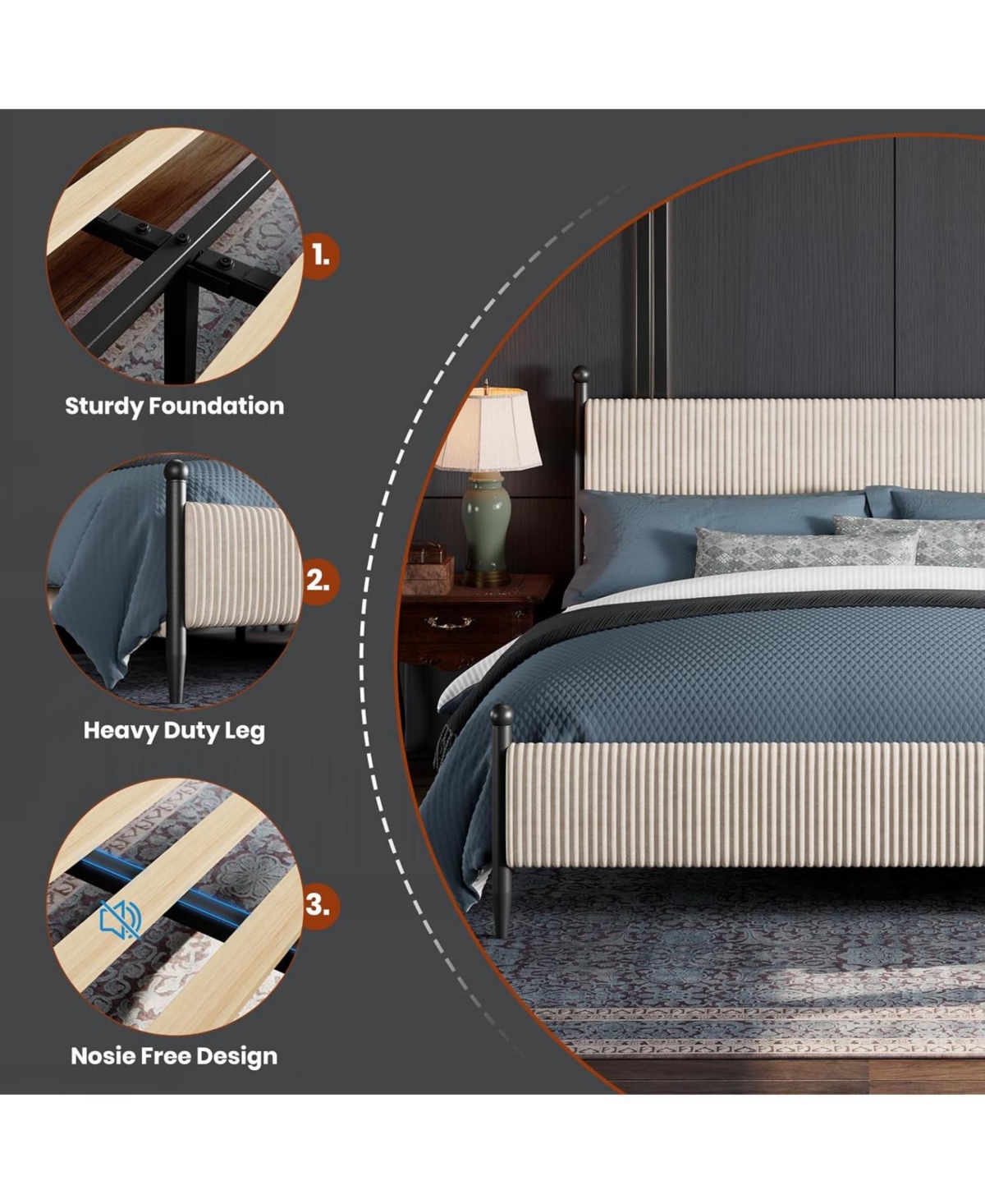 gaomon King Upholstered Bed Frame with Velvet Headboard, Corduroy Platform, Wood Slats.