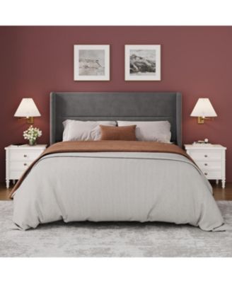 Full Velvet Bed Frame with Wingback Headboard, Upholstered Platform Bed with Wood Slats