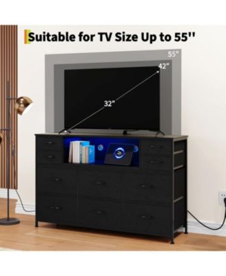 10 Fabric Drawers Dresser, Entertainment Center TV Stand with Power Outlet & LED Light for 45"-55" TV, Chest of Drawers with Wood