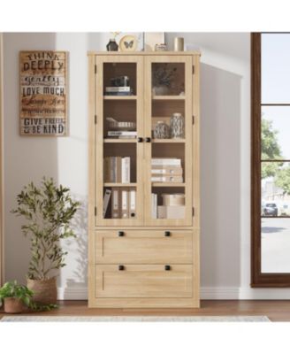 Tall Kitchen Pantry Cabinet - Modern Display Storage Cabinet with 2 Large Drawers, Glass Doors, and Adjustable Shelves