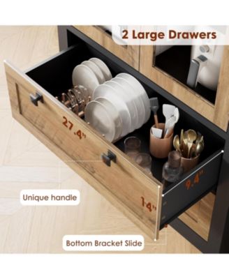 Tall Kitchen Pantry Cabinet - Modern Display Storage Cabinet with 2 Large Drawers, Glass Doors, and Adjustable Shelves