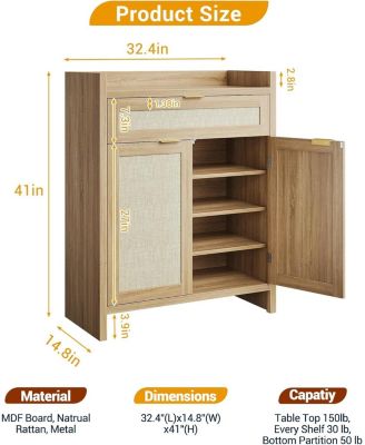 32” boho rattan shoe cabinet with doors and drawer, adjustable shelf, and wood finish—ideal as a coffee bar or accent console.