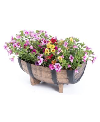 Rustic Wood- Look Plastic Half Barrel Flower Pot Garden Planter, Pack of 2