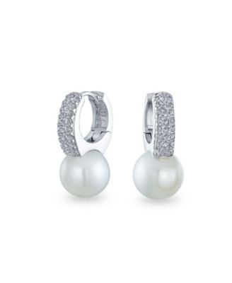 Pearl/Cubic Zirconia Mini Hoop Huggie Drop Earrings