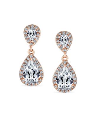 Classic Cocktail Pave Halo Cubic Zirconia CZ Double Solitaire Teardrop Dangle Earrings