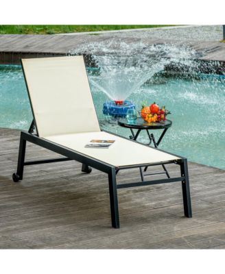 Outdoor Lounge Chair, Patio Lounger with 5-Position Reclining Backrest and 2 Wheels