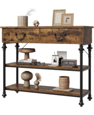 Rustic Console Table with 2 Drawers & Storage Shelves, Farmhouse Entryway Table for Home Decor