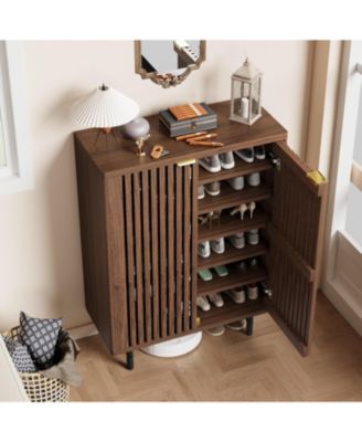 Narrow Freestanding 6-Tier Wooden Shoe Cabinet with Louvered Doors