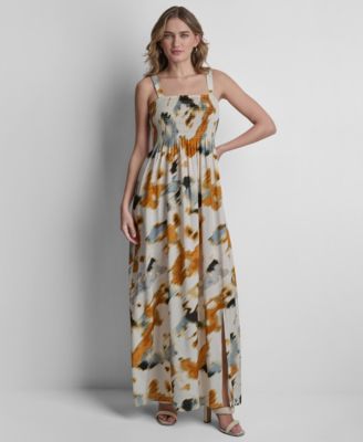 Women's Sleeveless Straight Neck Smocked Rumple Dress