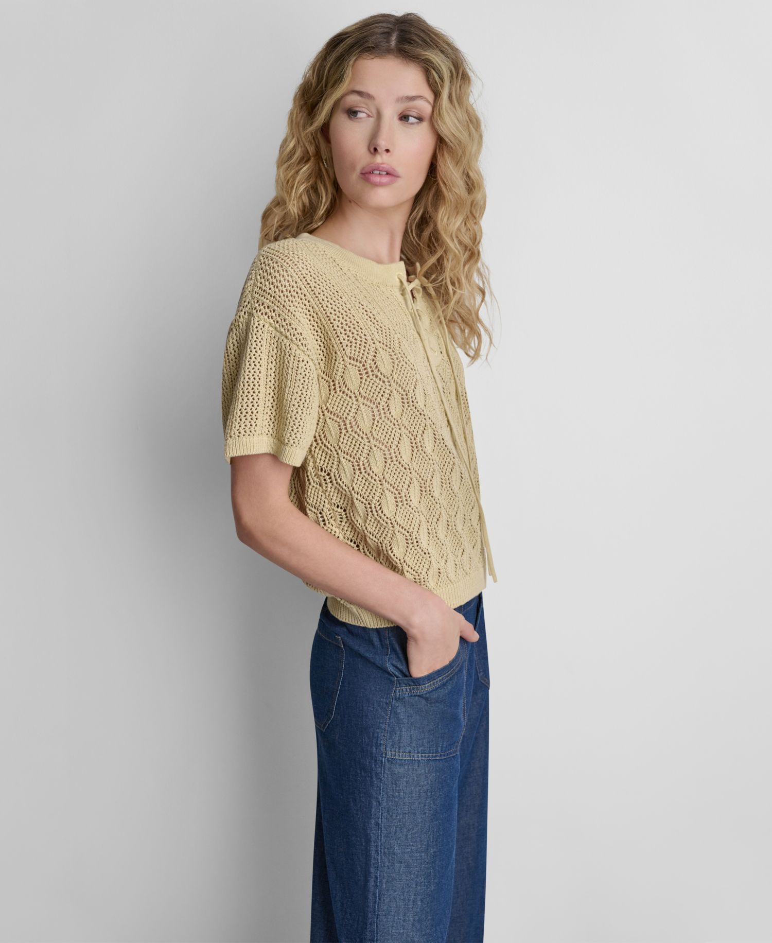 Women's Textured Pointelle Lace Front Top