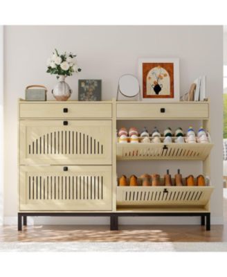 Shoe Storage Cabinet with 2 Hollow-Panel Flip Drawers and Top Drawer
