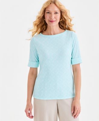 Women's Printed Boat-Neck Elbow-Sleeve Top