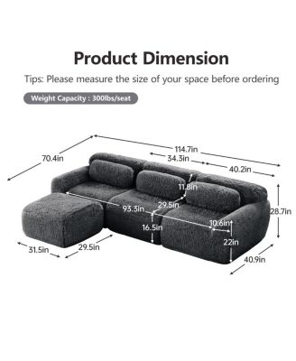 L-shaped Dark Gray Plush Sofa with Ottoman, High-Density Sponge, No Assembly
