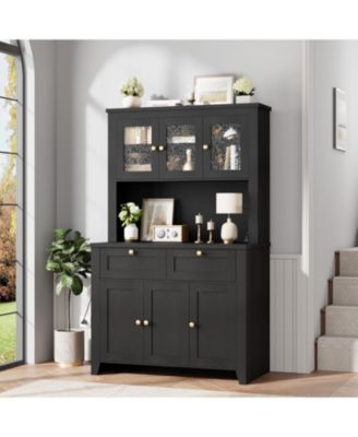 66" Tall Kitchen Pantry Cabinet, Modern Kitchen Hutch with Charging Station, Large Coffee Bar Storage Cabinet with Glass Doors and Drawers