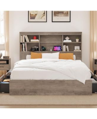 Queen Bed Frame with Storage Headboard & 4 Drawers, Wood Platform Bed with Charging Station,No Box Spring,Vintage