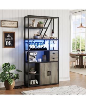 Bar Cabinet with Power Outlets, 71.2" Tall Wine Liquor Cabinets with LED Lights