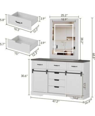 6 Drawers Dresser with LED Light Farmhouse Style Space Saving Sliding Door Storage Cabinet for Bedroom and Living Room