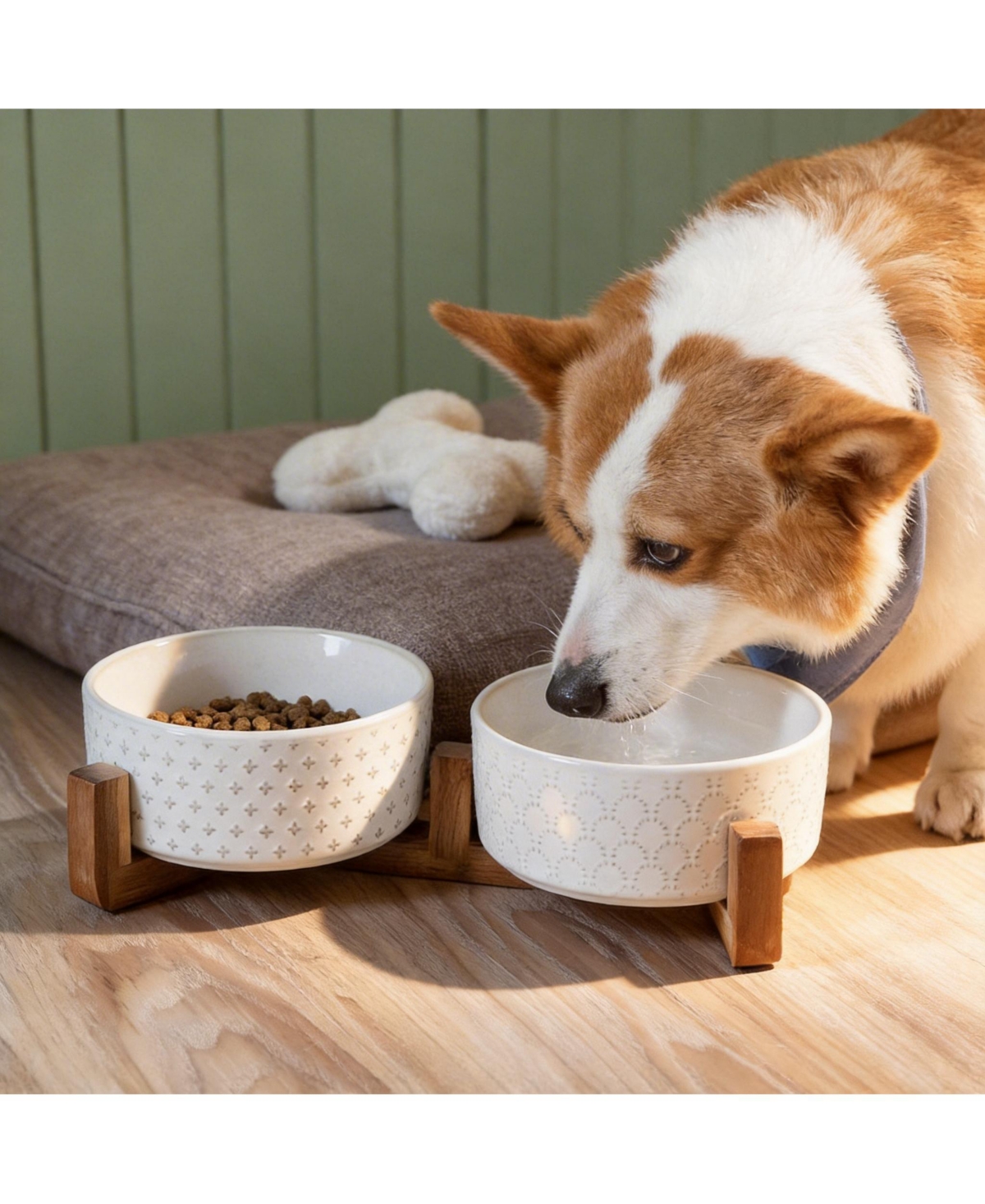 Aronkl Ceramic Dog Bowl Set with Wood Stand Dual Food Water Weighted Non-Slip Base