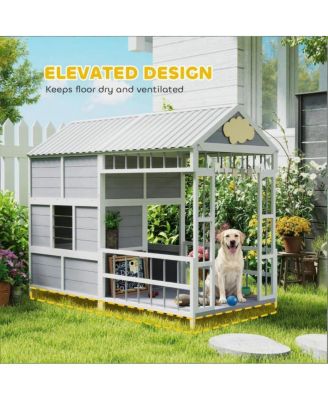 Large Outdoor Gray Wooden Dog House with Covered Porch, Waterproof Roof, Elevated Pet Kennel Shelter for Large Dogs