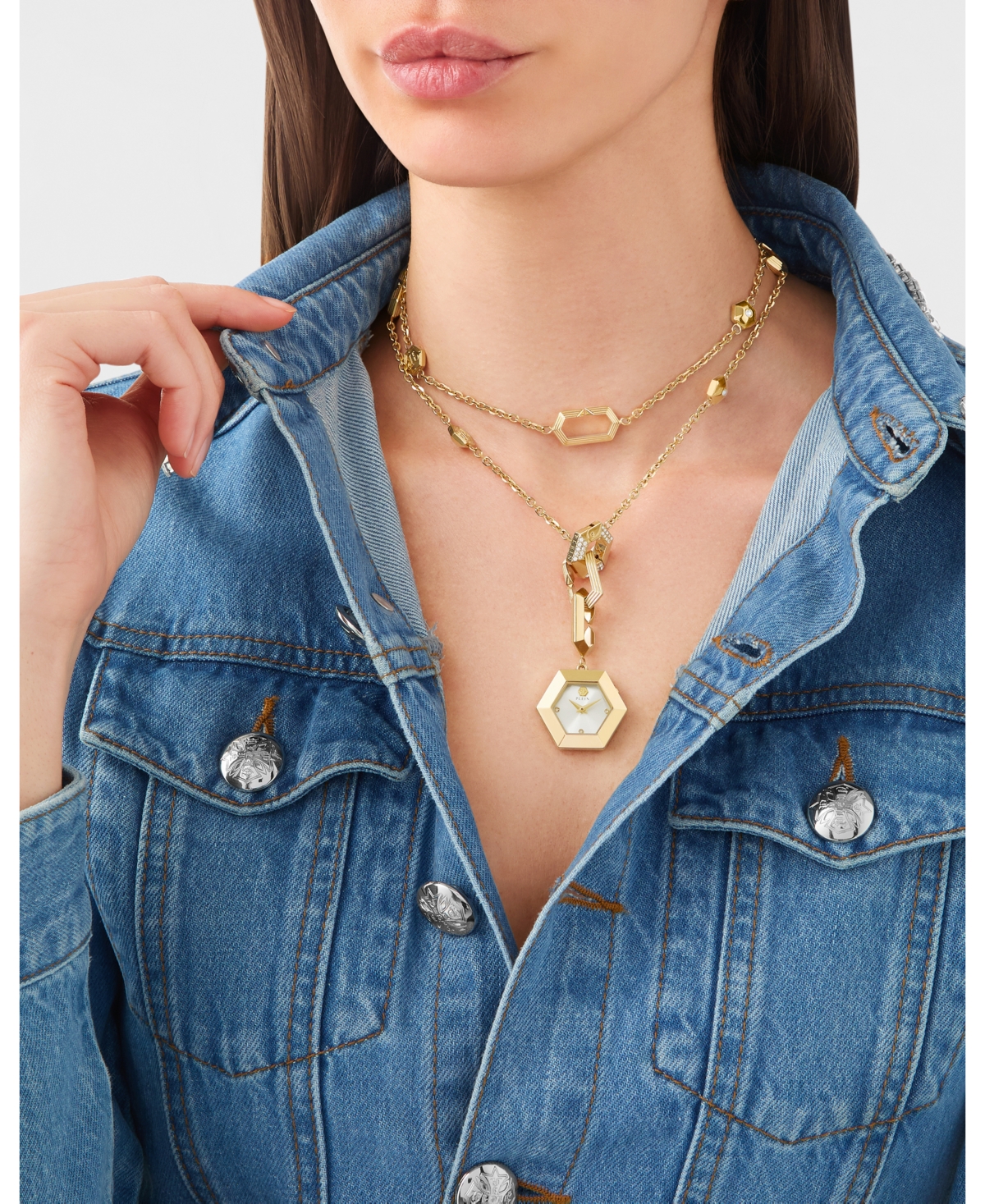 Philipp Plein Women's Nake Hexagon Ip Yellow Gold Stainless Steel Necklace Watch, 28mm