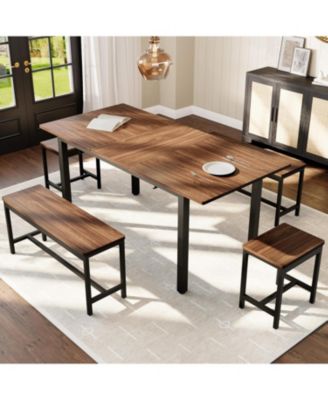 5-Piece 63" Modern Extendable Dining Table Set with 2 Benches and 2 Square Stools