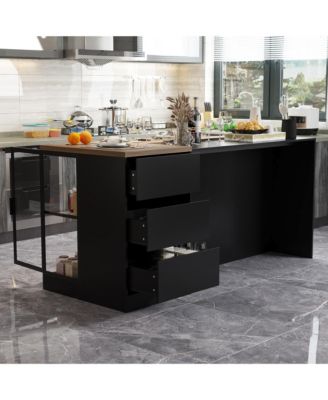 Kitchen Island with 3 drawers, glass shelves, light strip,dining table, coffee station and microwave rack for dining room