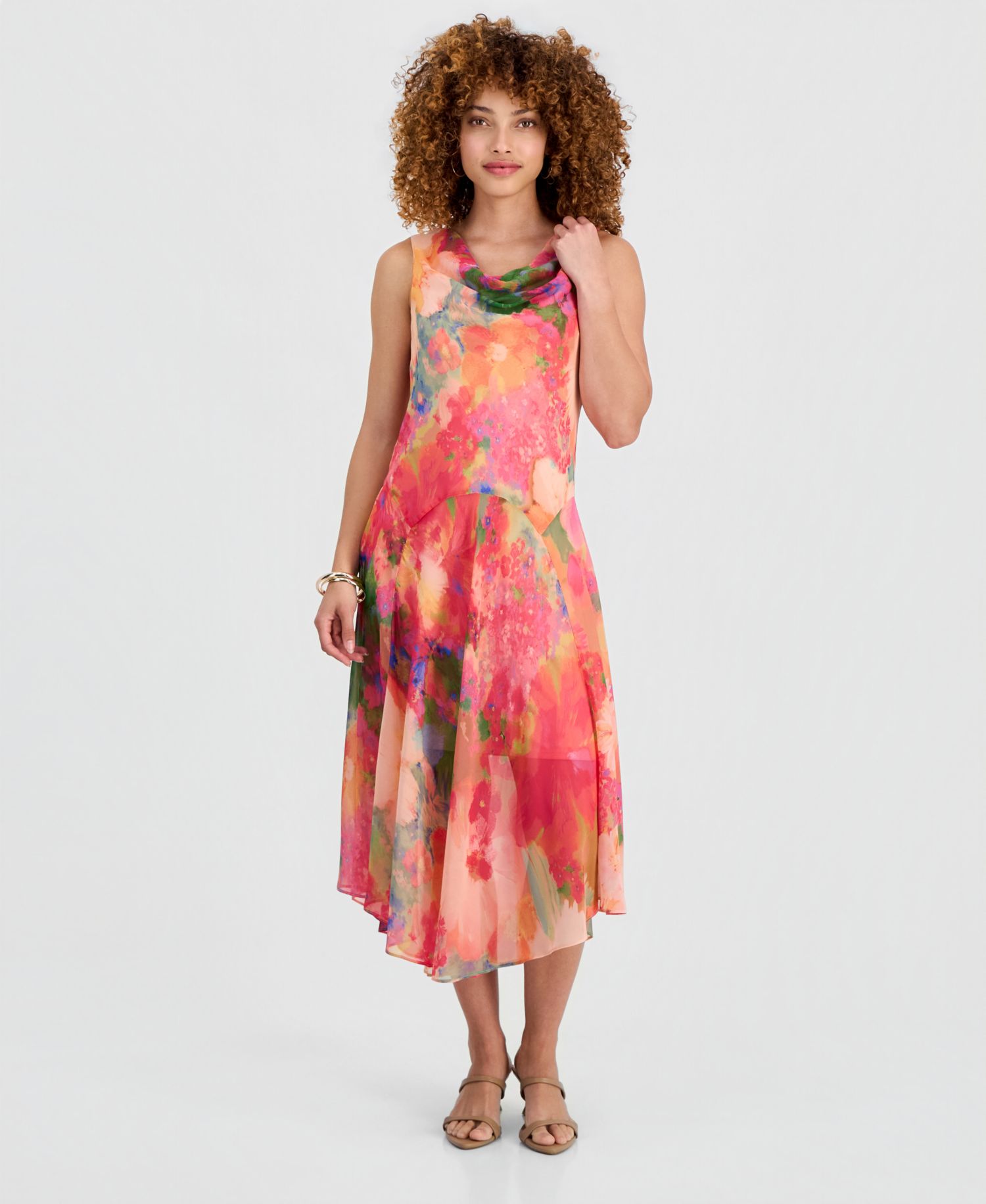Petite Printed Cowlneck High-Low Midi Dress