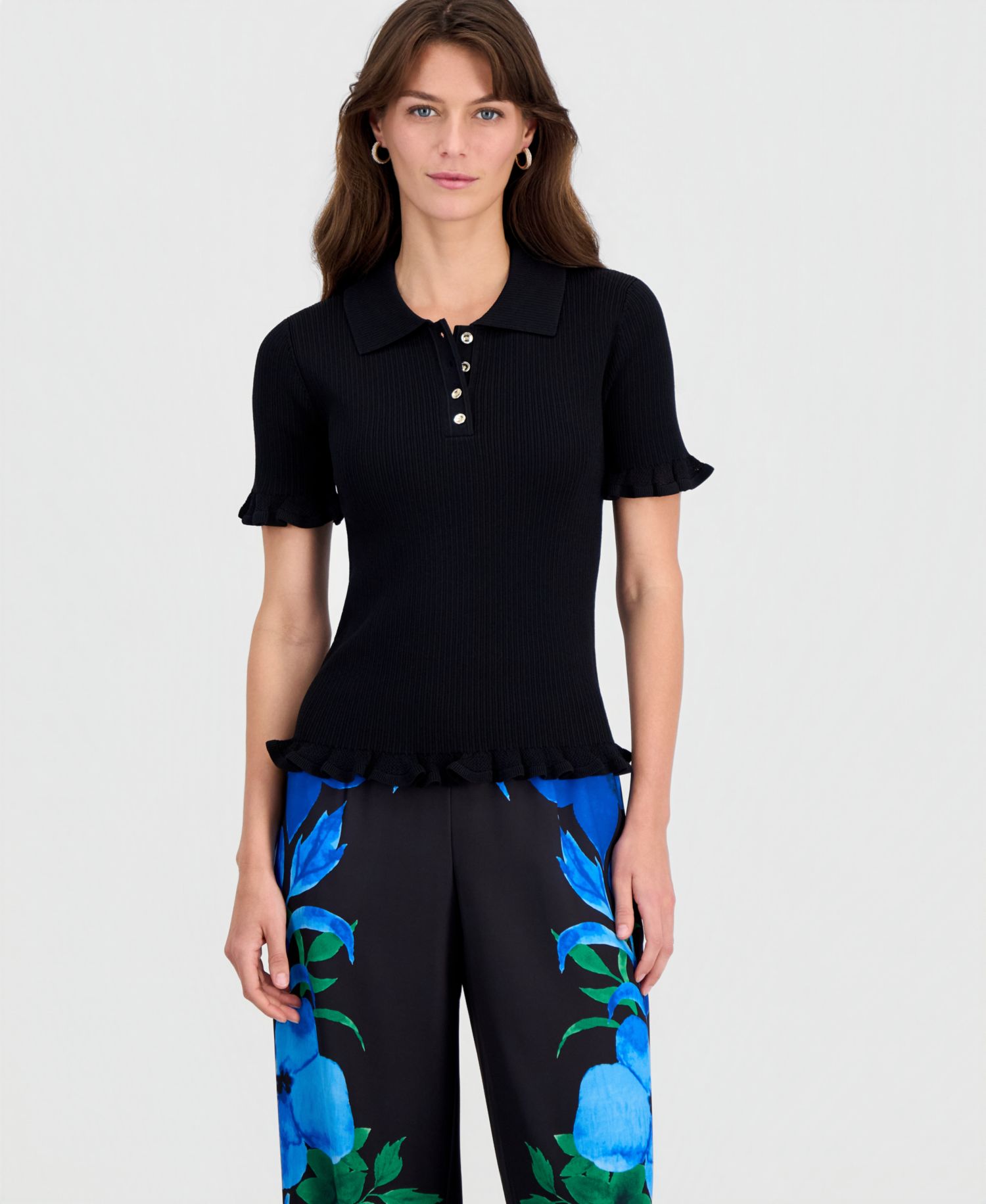 Women's Half-Placket Ribbed Ruffle-Trim Top