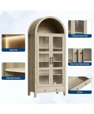 Tall Arched Kitchen Pantry Cabinet, Modern Farmhouse Kitchen Storage Cabinets with LED Lights, Arched Cabinet with Open & Adjustable Shelves