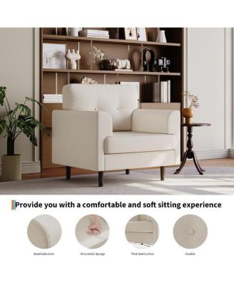 Ergonomic Linen Accent Chair, Wide Armrests, 38" Upholstered Reading Chair, High-Density Cushion