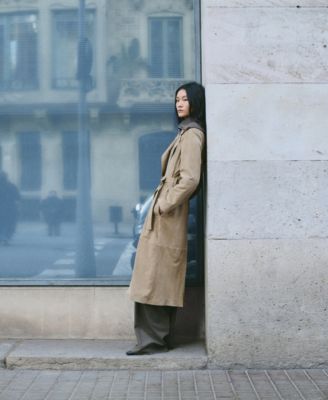 Women's Leather Suede Belted Trench Coat