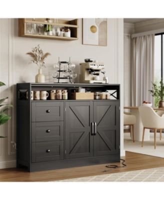 47 in Farmhouse Sideboard Buffet Cabinet with Storage, Antique White Storage Cabinet with 2 Barn Doors and 3 Drawers, Coffee Bar Station Table
