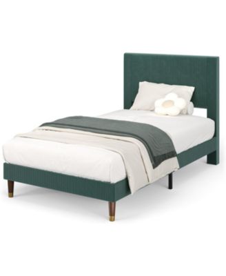 Twin Bed Frame with Fabric Upholstered Headboard, Metal Slats Support & Under-Bed Storage, Modern Bedroom