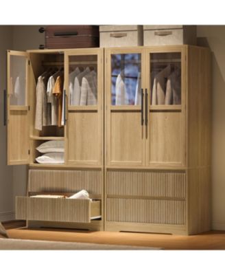 Armoire Wardrobe Closet with 2 Glass Doors and 2 Fluted Drawers, Wooden Wardrobe Storage Cabinet Closet with Hanging Rod and Shelves