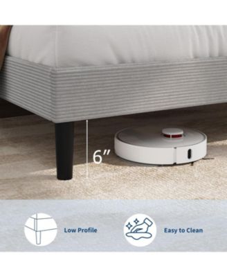 Queen Bed Frame with Charging Station, Corduroy Upholstered Platform Bed with Headboard Shelf, Wooden Slats, Noise Free, Easy Assembly