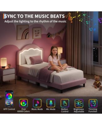 Twin Kids Upholstered Bed with LED Headboard, Plush Sherpa Fabric, Wooden Slats Support, Easy Assembly