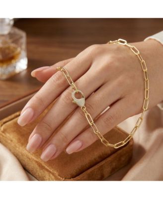 14K Gold Plated CZ Pave Clasp Paperclip Link Necklace